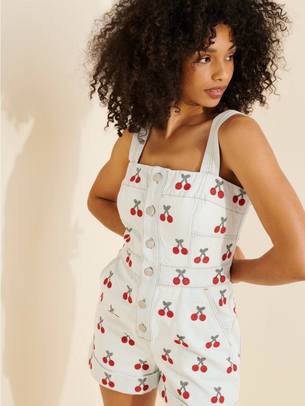 FARM Rio White Denim Cherry-Print Romper